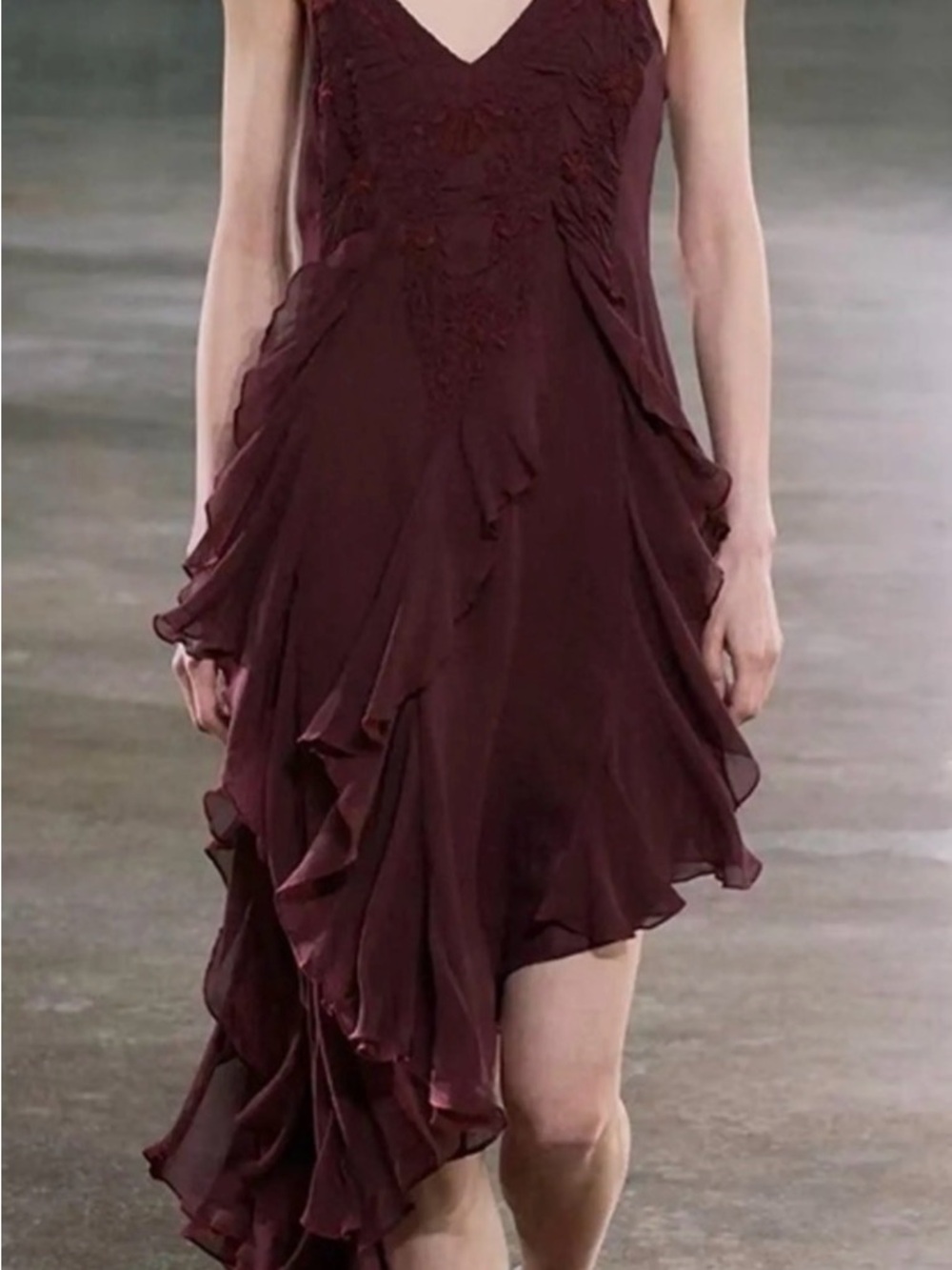 Zara Burgundy Asymmetrical Ruffle Hem Midi Dress Size Small
